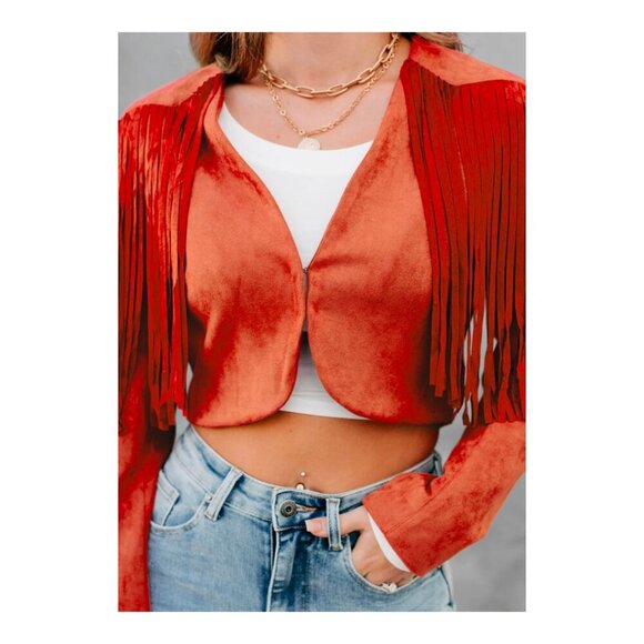 FATE | Faux Suede Fringe Cropped Jacket | Brick Red/Burnt Orange | Large - Picture 2 of 12